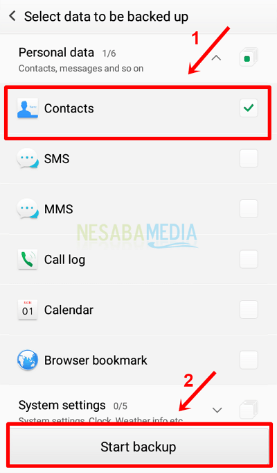 Langkah 4 - Pilih kontak lalu start backup