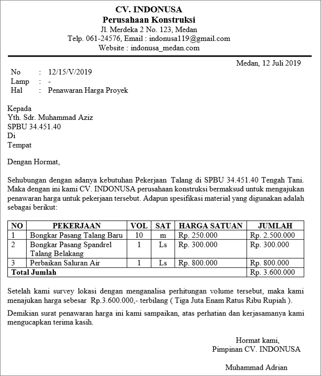 Contoh Surat Penawaran Harga Jasa Konstruksi Nusagates