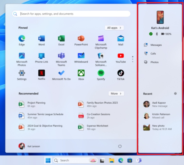 Phone Link Start Menu