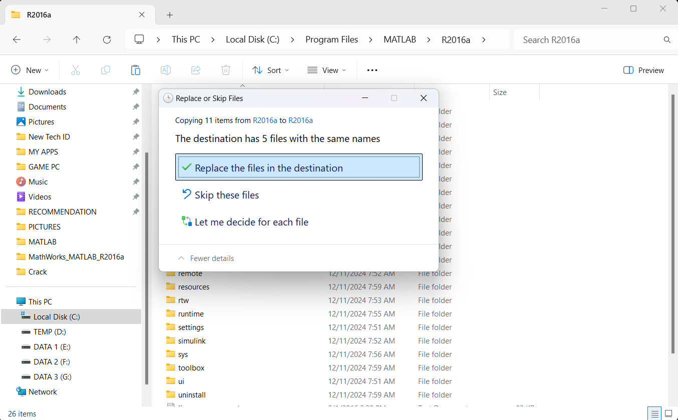 Replace the files in the destination