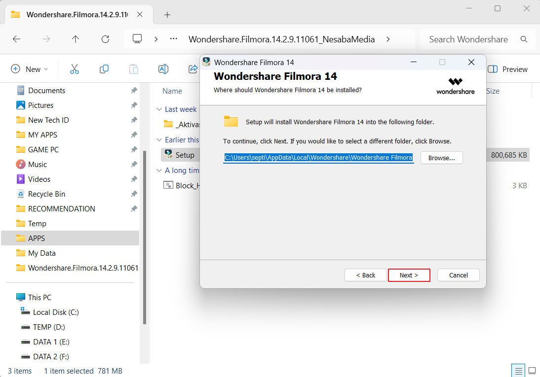 Folder instalasi Wondershare Filmora 14