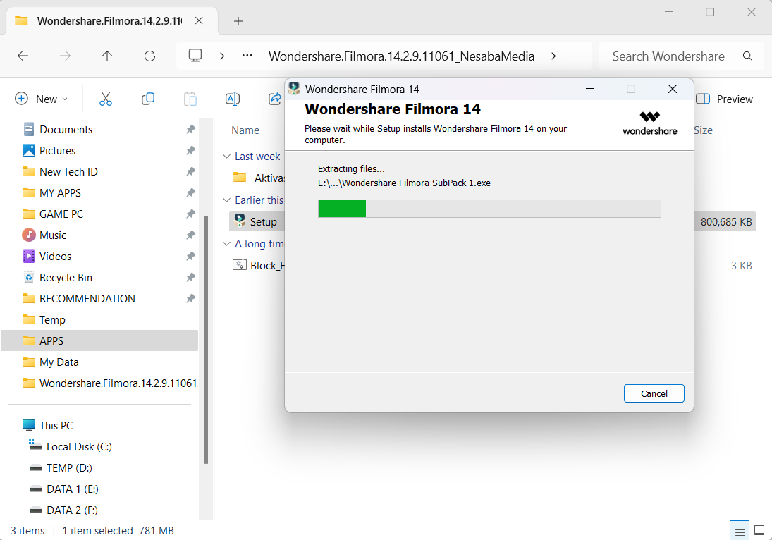 Proses instalasi Wondershare Filmora 14
